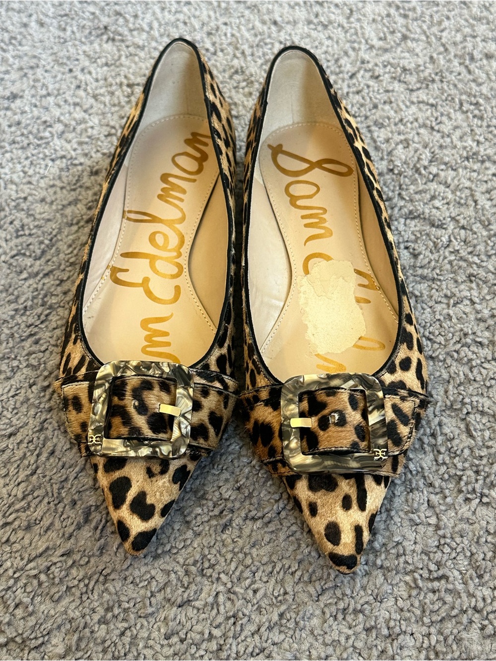 Sam Edelman Leopard Print Pointed Toe Buckle Flats - Tan/Black - Picture 7 of 10
